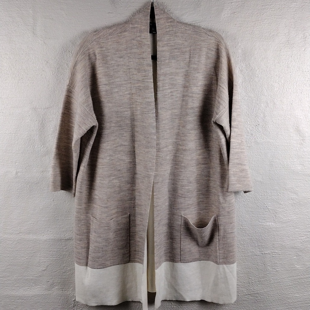 Eileen Fisher Wool Blend Natural Marbled Shawl Collar Long Open Front Cardigan - Picture 2 of 14